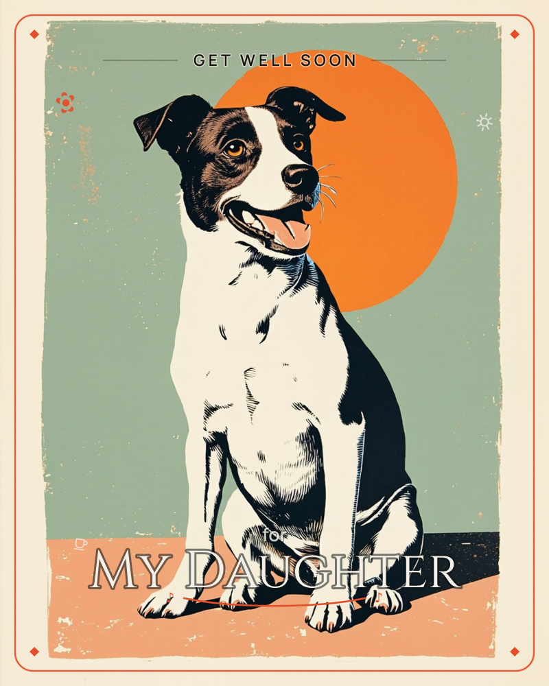 A black-and-white dog sits proudly against a sage-green backdrop, its mouth open in a happy, panting grin, a getwell e-card design