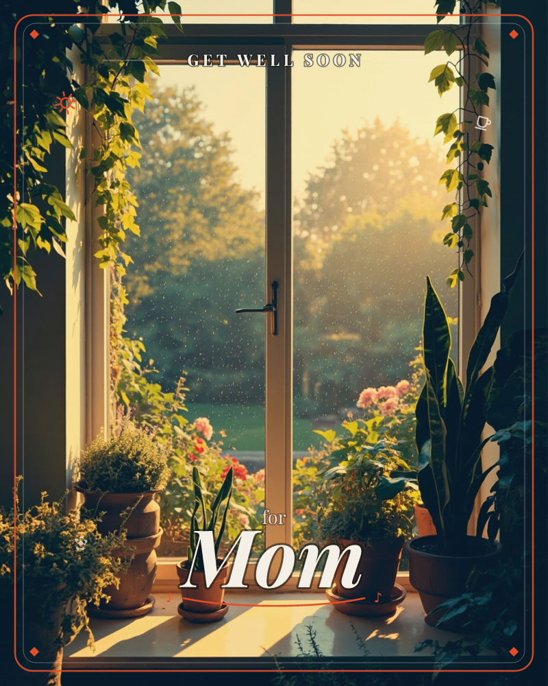 A window stands open onto a golden garden at dusk, its sill crowded with terracotta pots of trailing ivy, snake plants, and small flowering herbs, a getwell e-card design