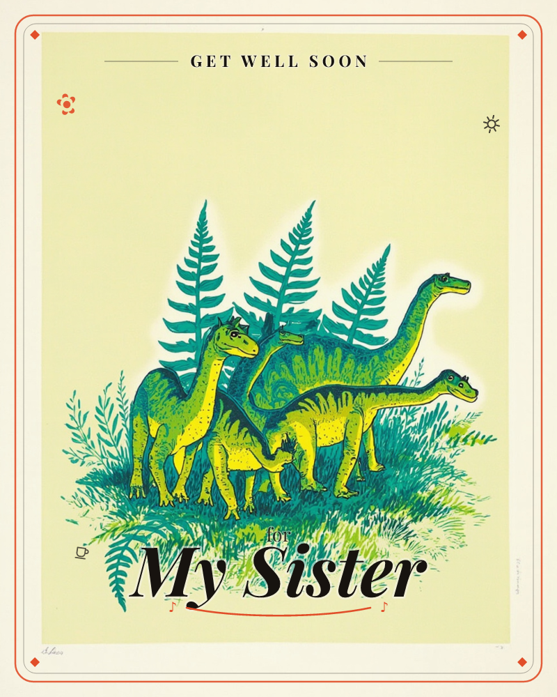 Three long-necked dinosaurs in bright green and yellow stand together among teal ferns and grassy fronds, set against a soft pale yellow background, a getwell e-card design
