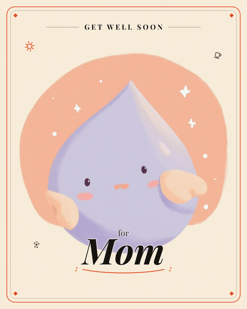 A single lavender teardrop-shaped character floats against a soft peach circle, its stubby arms raised beside a round, blushing face, a getwell e-card design