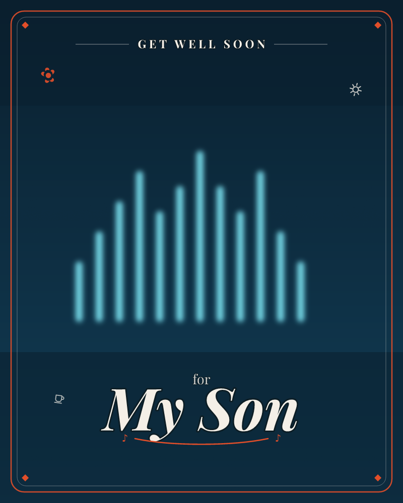 A glowing cyan equalizer of vertical bars rises and falls like a soundwave against a deep midnight-blue background, a getwell e-card design by @DittyCityTeam