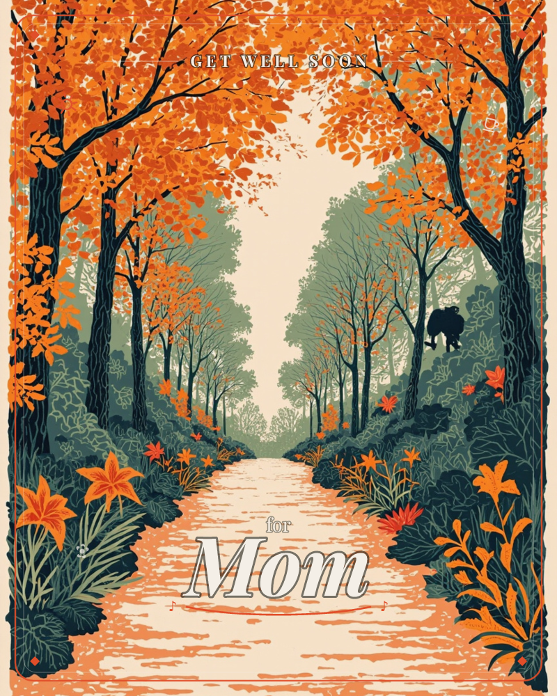 A quiet path winds between rows of autumn trees whose orange leaves arch overhead like a tunnel, a getwell e-card design