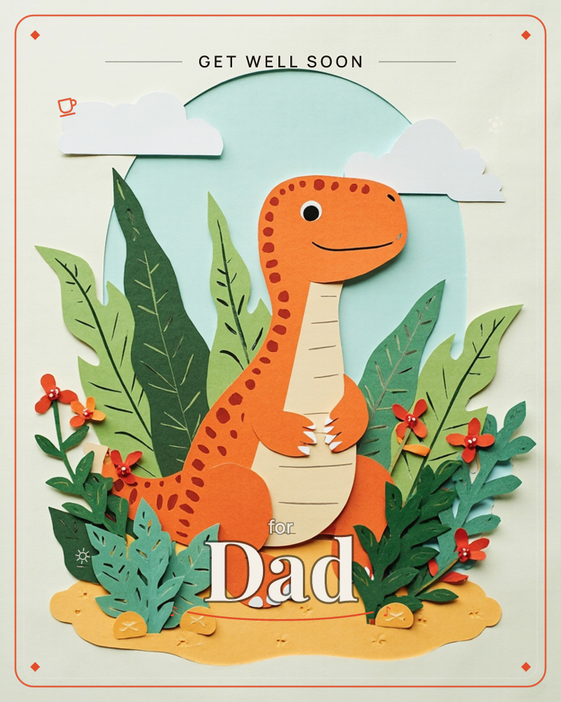 A cheerful orange dinosaur with dark spots and a cream belly stands smiling amid layered paper jungle leaves and small red flowers, set against a pale…, a getwell e-card design