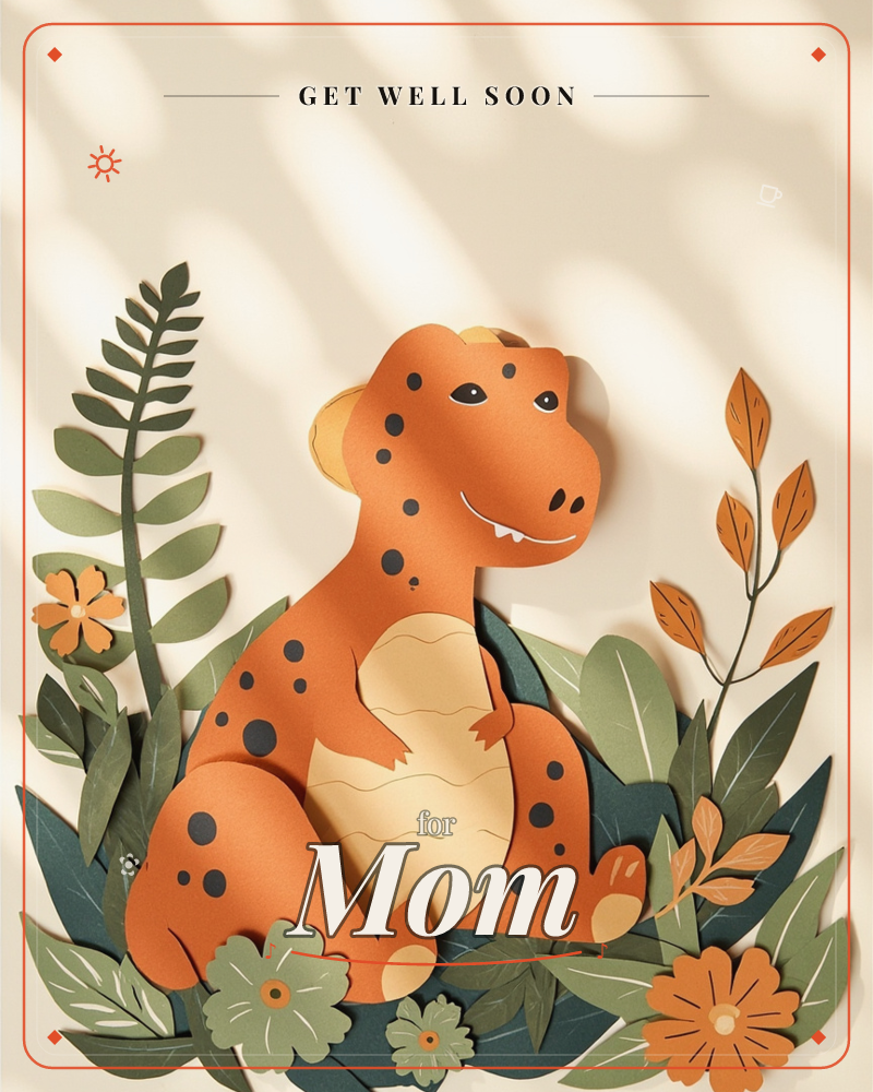 A layered paper-cut orange dinosaur with dark spots sits smiling among ferns, leaves and small flowers, all cut from cream, green and rust-coloured card, a getwell e-card design