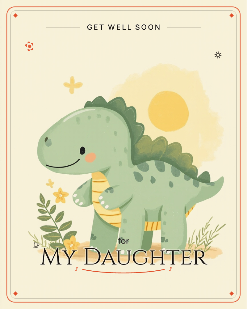 A round, smiling green dinosaur with a striped yellow belly and spiky back stands on a sandy patch among small flowering sprigs, a soft golden sun…, a getwell e-card design