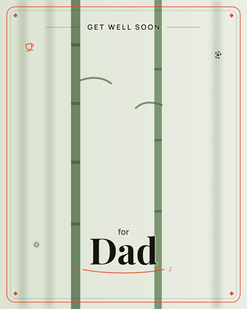 A minimal, softly blurred illustration of green bamboo stalks rising vertically against a pale, hazy background, a getwell e-card design by @DittyCityTeam
