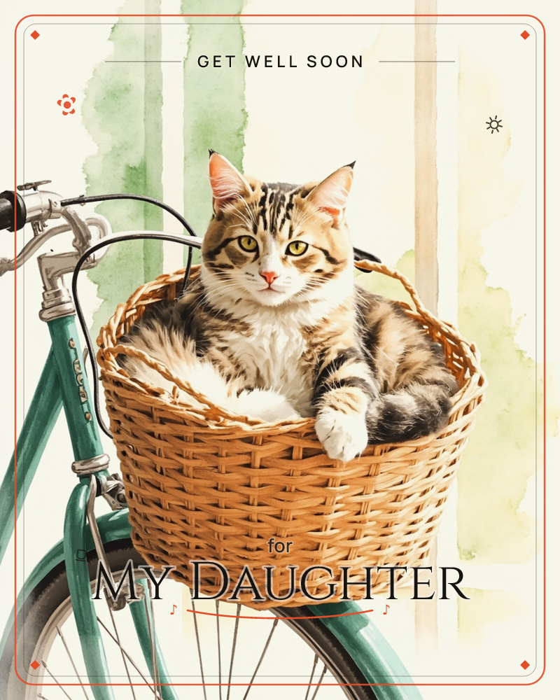 A tabby cat with green eyes curls comfortably inside a woven wicker basket mounted on the front of a teal bicycle, one white paw draped over the rim, a getwell e-card design