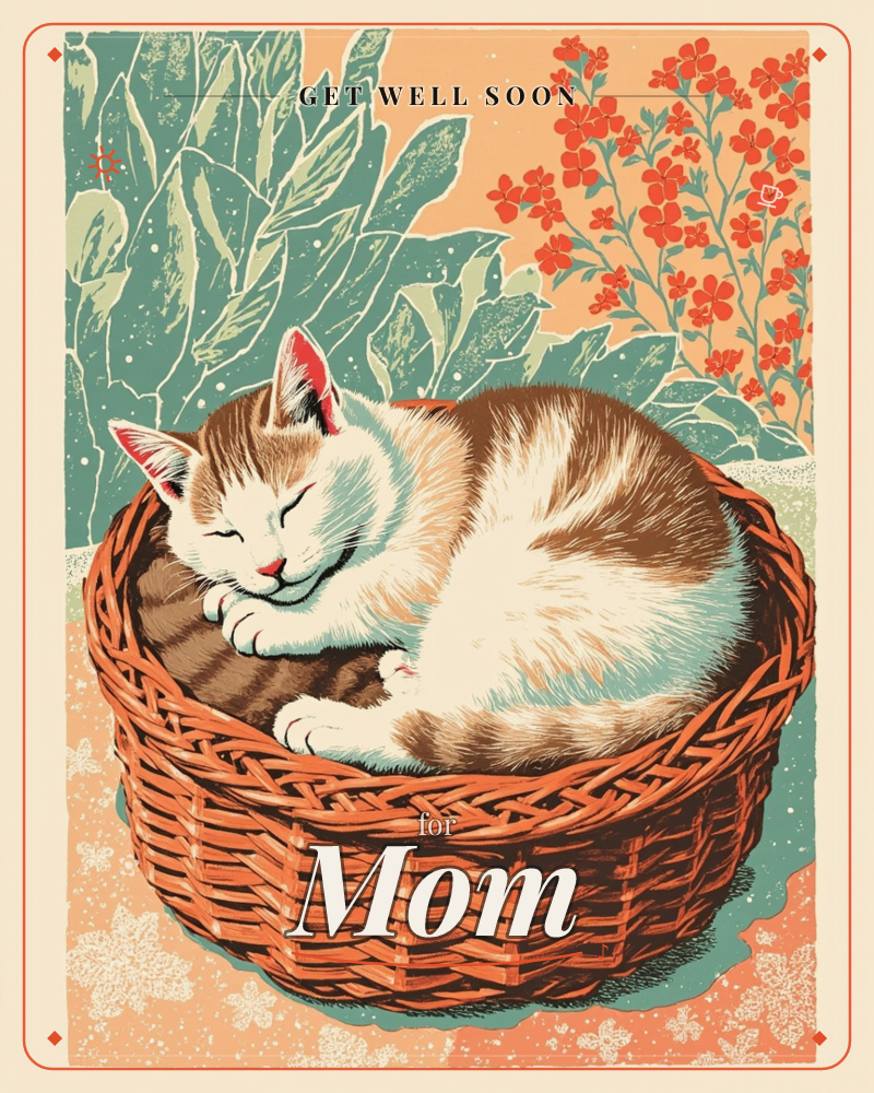 A cream-and-orange tabby cat sleeps curled in a woven wicker basket, tucked among sage-green leaves and sprays of small red flowers, a getwell e-card design