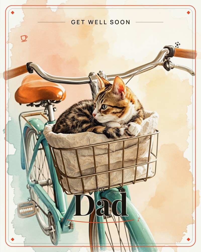 A striped tabby cat curls up in the wire basket of a vintage teal bicycle, nestled on a soft cream cloth, a getwell e-card design