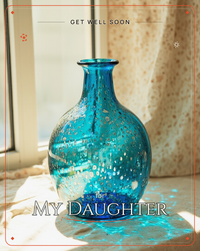A round-bellied blue glass bottle sits on a windowsill, its surface flecked with tiny bubbles that catch the sunlight, a getwell e-card design