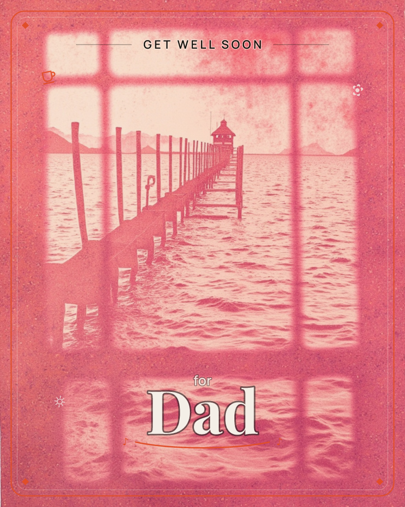 A monochrome pink duotone image shows a long wooden pier stretching out toward a small lighthouse cabin, framed as if seen through a paned window, a getwell e-card design