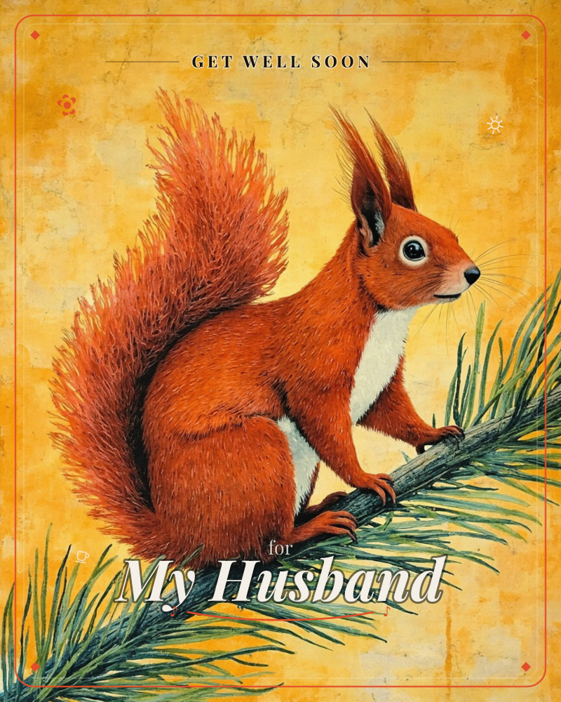 A red squirrel perches alertly on a pine branch, its bushy tail curled high behind it, set against a mottled golden-yellow background, a getwell e-card design