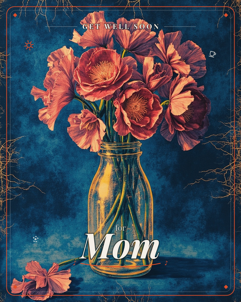 A cluster of large pink and coral poppies sits in a glowing amber glass jar, set against a deep mottled indigo background, a getwell e-card design