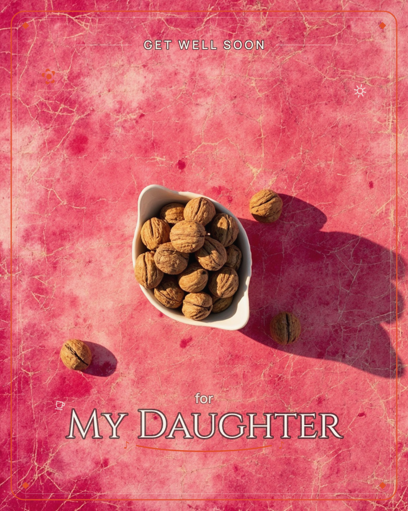 A small white bowl heaped with whole walnuts sits on a richly textured pink-red surface, with a few loose walnuts scattered around it catching hard…, a getwell e-card design