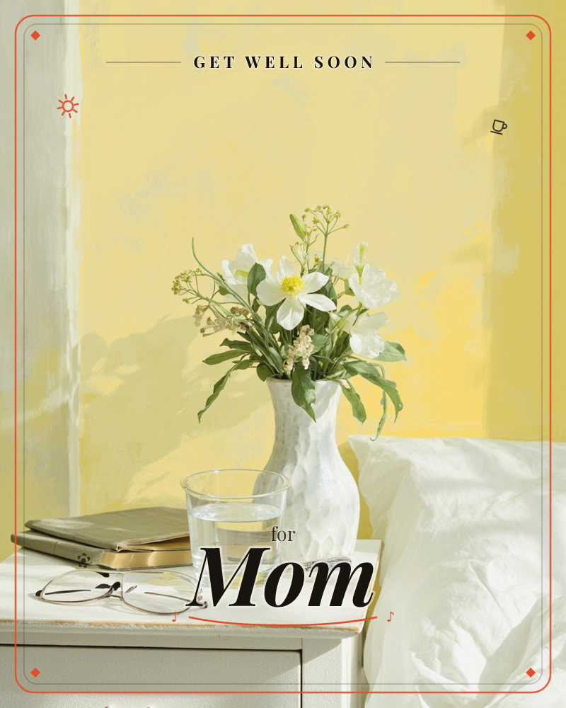 A white textured vase of white flowers and sprigs sits on a bedside table beside a glass of water, a folded book, a pen, and a pair of glasses, a getwell e-card design