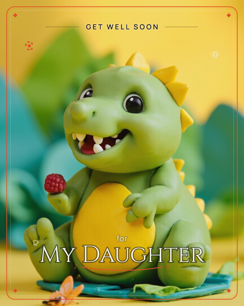 A round-bellied clay dinosaur sits grinning against a sunny yellow backdrop, holding a plump raspberry in one tiny claw, a getwell e-card design