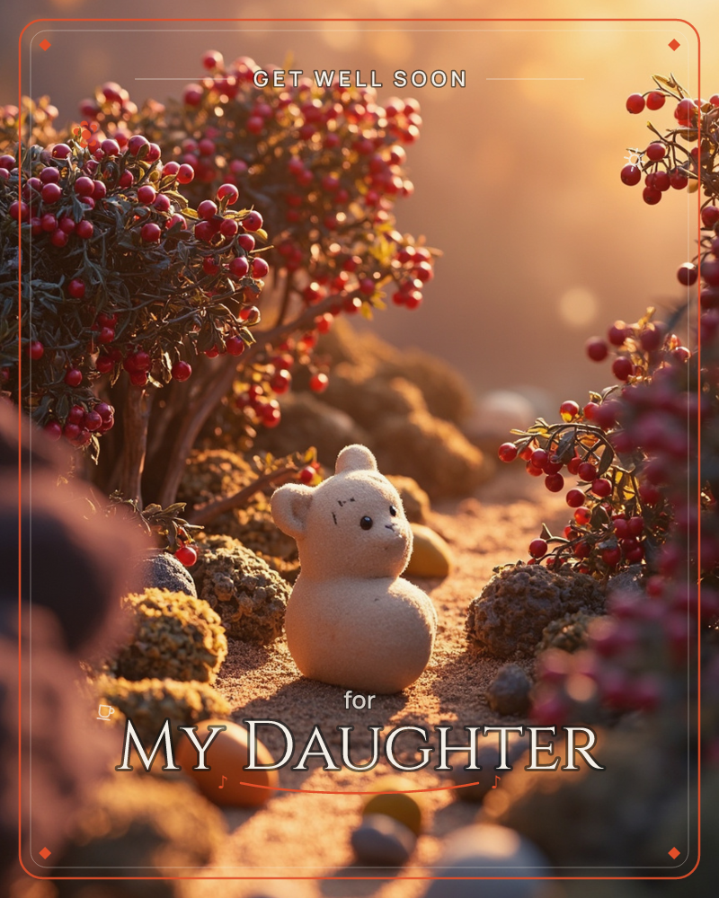 A small felted bear figure sits alone on a sandy path, waving one paw up toward the glowing sky, surrounded by miniature bushes heavy with red berries, a getwell e-card design