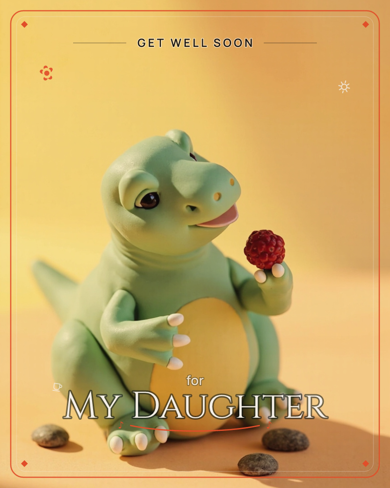 A round-bellied green baby dinosaur sits against a warm gold backdrop, holding up a single raspberry as if offering it to the viewer, a getwell e-card design