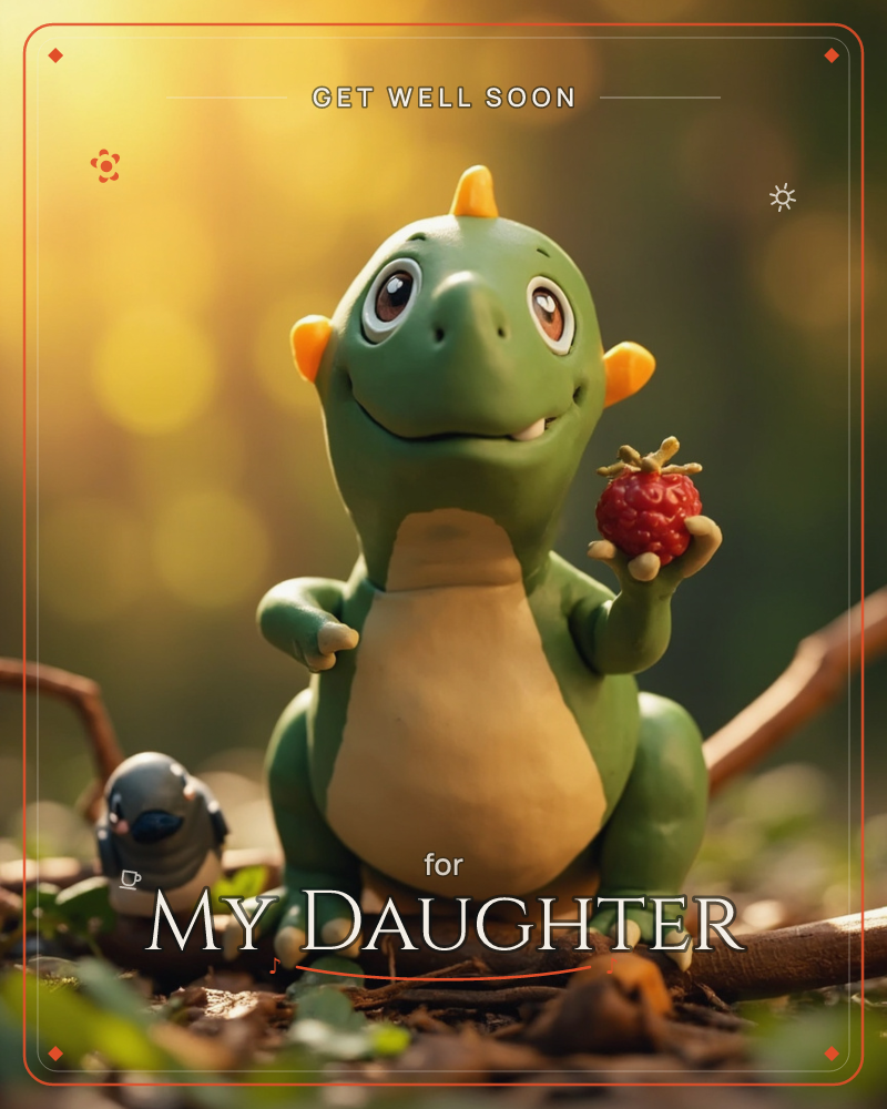 A small green dinosaur figure with orange spikes and big round eyes sits on a forest floor, holding up a plump red raspberry between its claws, a getwell e-card design