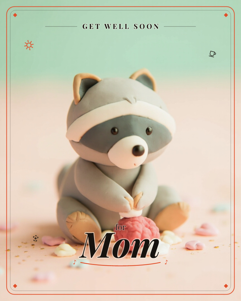 A clay-modelled raccoon figure sits with its little paws holding a small pink flower, its rounded ears and mask-like face sculpted in soft grey and…, a getwell e-card design