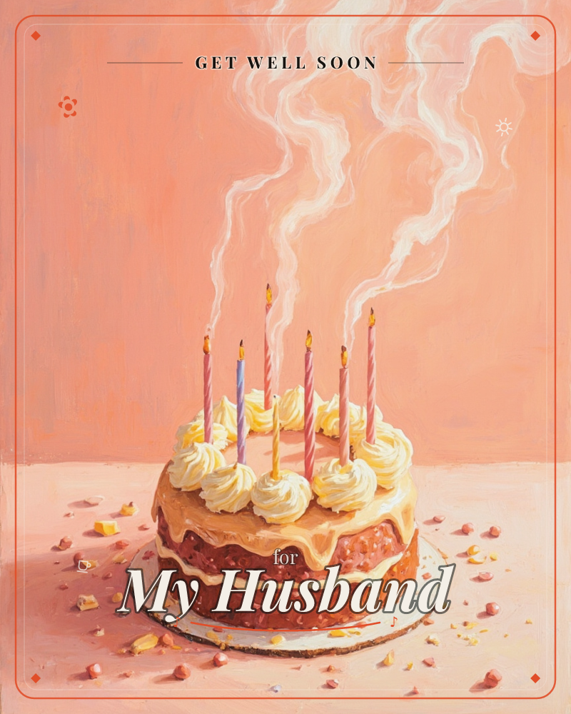A layered birthday cake sits against a soft peach backdrop, its caramel drip glaze pooling over piped swirls of buttercream, a getwell e-card design