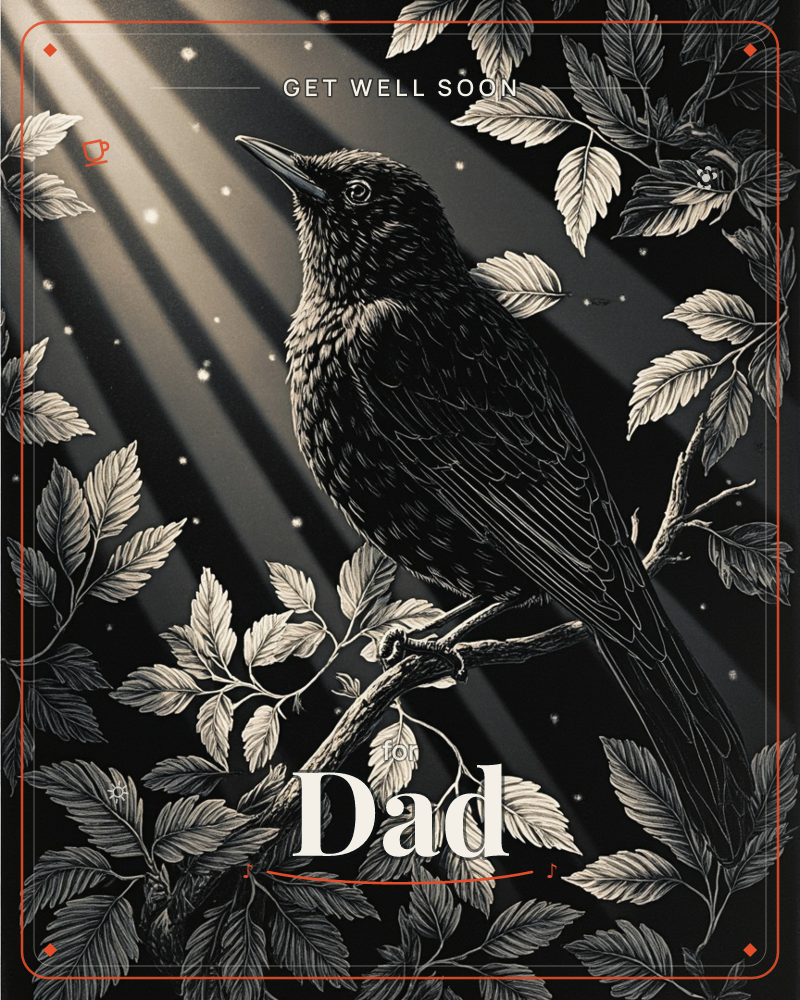 A blackbird perches on a leafy branch against a deep charcoal background, its feathers finely etched in scratchboard style, a getwell e-card design