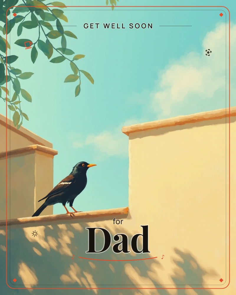 A dark bird with an orange beak perches on a sunlit stone ledge between two pale ochre walls, leafy branches trailing in from the upper corner, a getwell e-card design