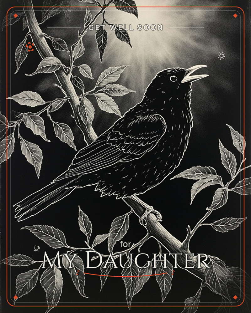 A blackbird perches on a leafy branch, beak open in mid-song, rendered in fine scratchboard-style white lines against deep black, a getwell e-card design