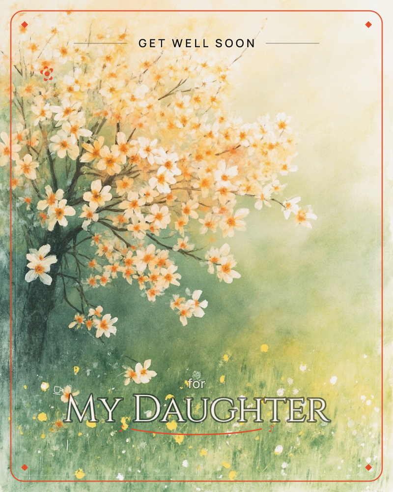 A blossoming tree leans in from the left, its branches heavy with pale cream and apricot flowers against a soft, sunlit haze, a getwell e-card design