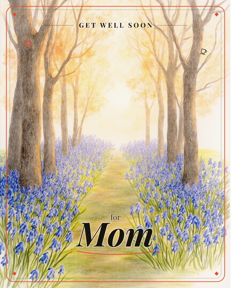 A woodland path stretches into a golden haze, lined on both sides by tall slender trees and dense drifts of bluebells, a getwell e-card design