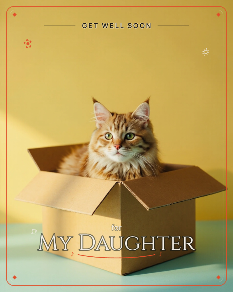 A fluffy ginger cat sits inside an open cardboard box, peering out with wide green eyes against a warm mustard-yellow backdrop, a getwell e-card design