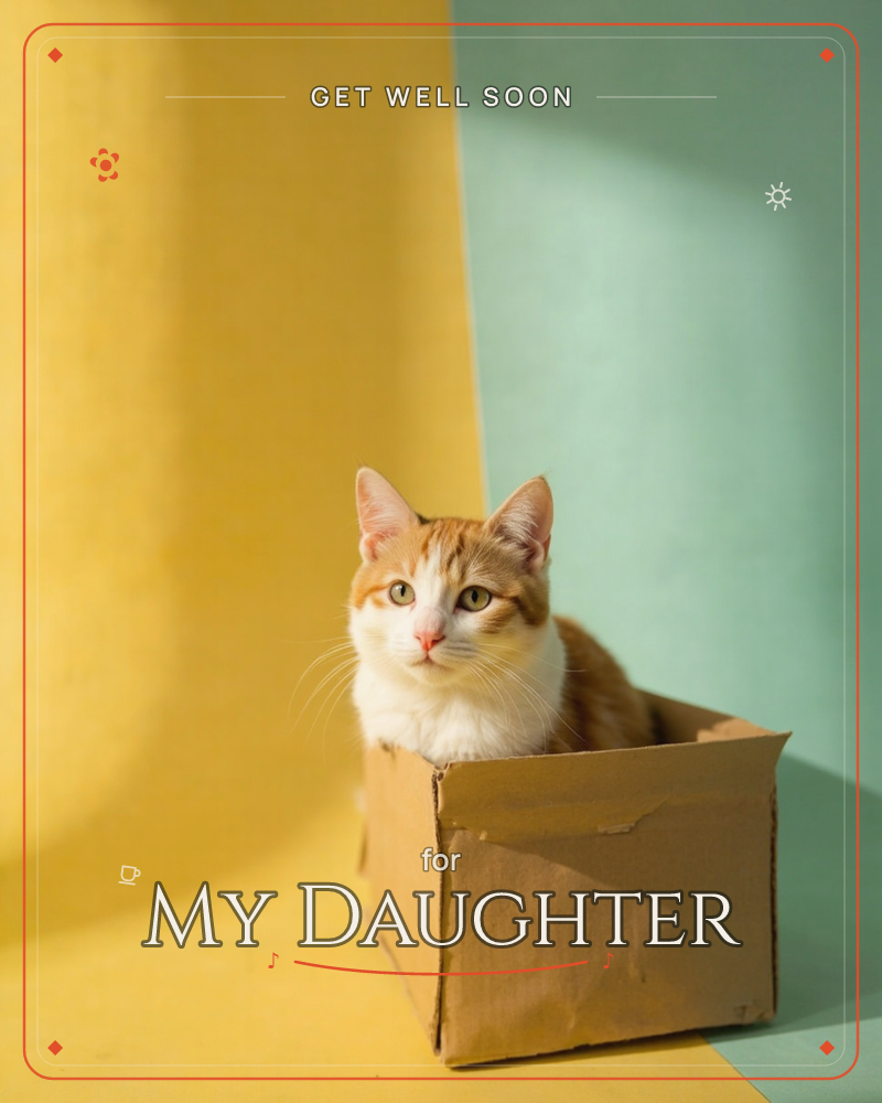 An orange and white cat sits inside a small cardboard box, gazing up with wide curious eyes, a getwell e-card design