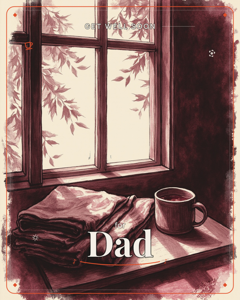 A window ledge holds a folded blanket and a steaming mug beside a pane framed by drooping leafy branches outside, a getwell e-card design