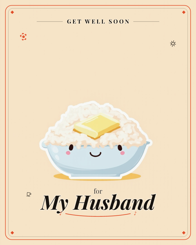 A single kawaii bowl of rice sits on a soft peach background, piled high and topped with a melting pat of butter, a getwell e-card design