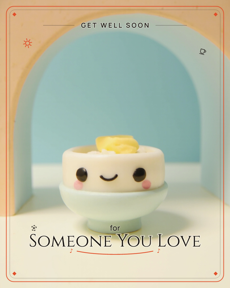 A cheerful little clay bowl of rice with a smiling face and pink cheeks sits topped with a pat of butter, glowing under soft studio light inside a…, a getwell e-card design