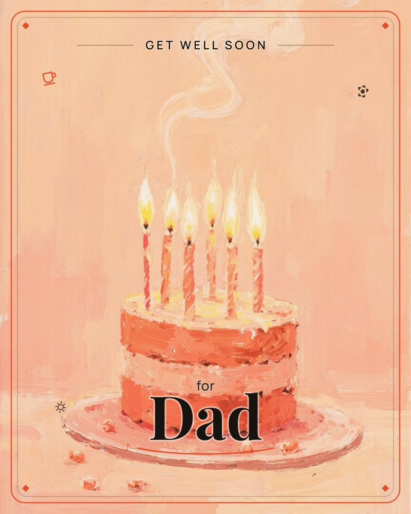 A round layered cake sits alone on a plate against a warm, softly blurred peach background, six candles burning in a row with one wisp of smoke curling…, a getwell e-card design