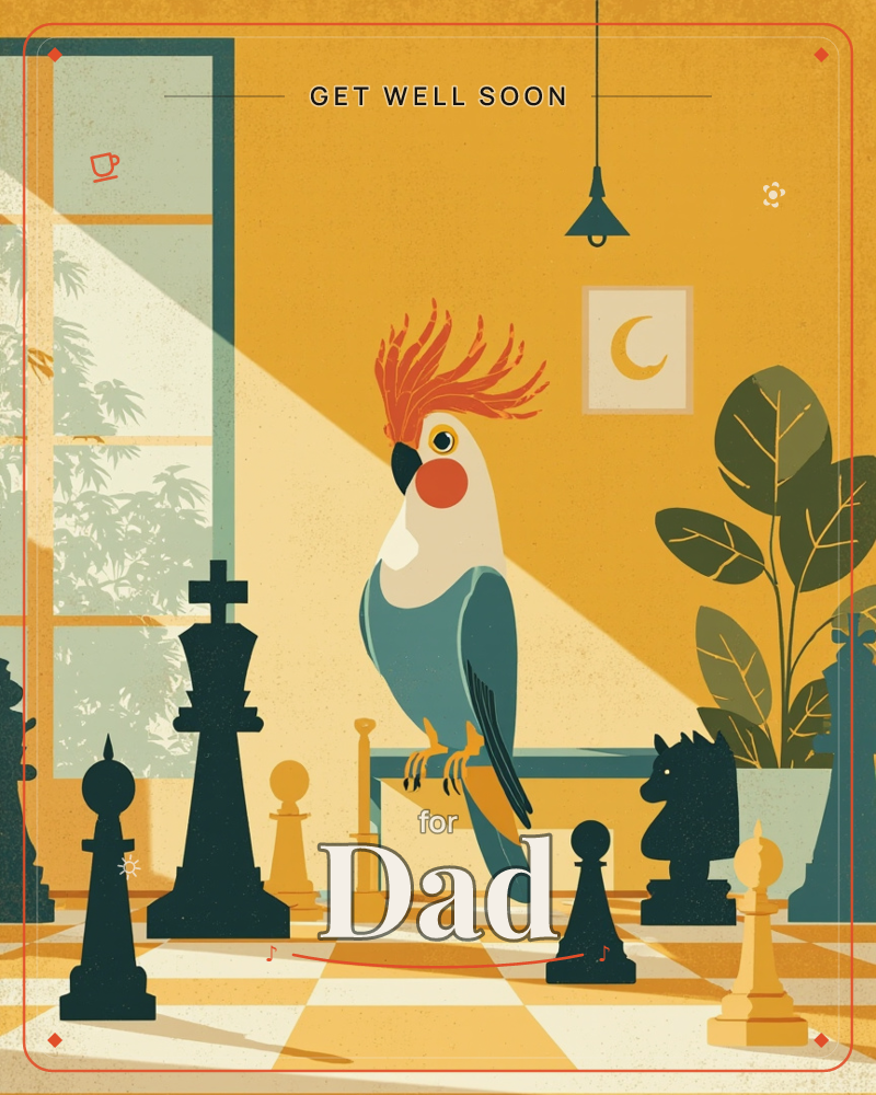 A cockatoo with a fiery orange crest perches on a chess piece, surrounded by oversized black chess figures on a checkered floor, a getwell e-card design