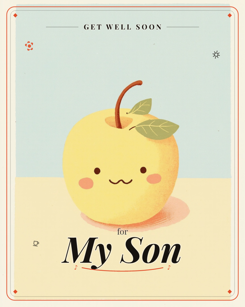 A single yellow apple sits front and centre, given a sweet cartoon face with rosy cheeks and a wobbly smile, a getwell e-card design