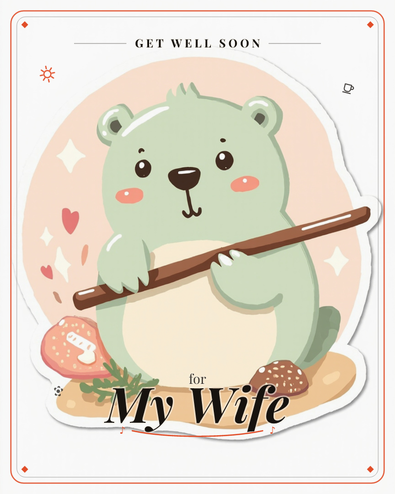 A round-bellied sage-green bear stands on a small dirt patch, holding a long wooden stick propped against its shoulder, with rosy blushed cheeks and a…, a getwell e-card design