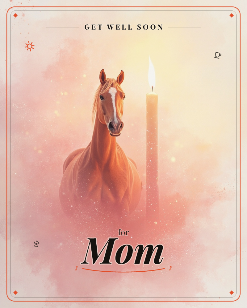 A chestnut horse with a white blaze stands beside a tall lit candle, both emerging from a soft cloud of peach and rose-toned mist, a getwell e-card design