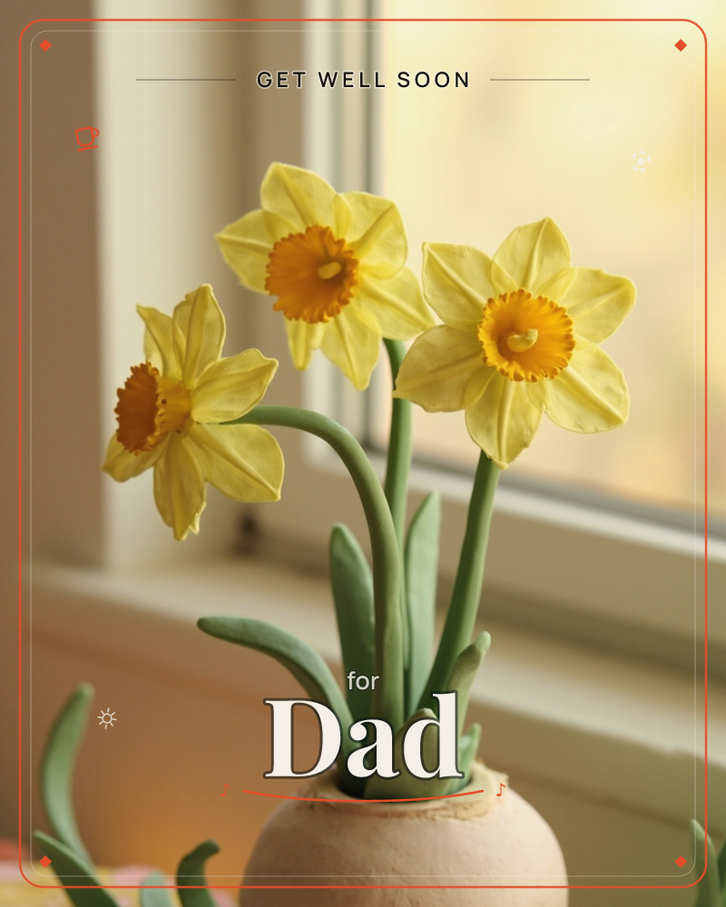 Three handcrafted clay daffodils stand in a small rounded vase on a windowsill, their sculpted petals and curved stems catching soft afternoon light…, a getwell e-card design