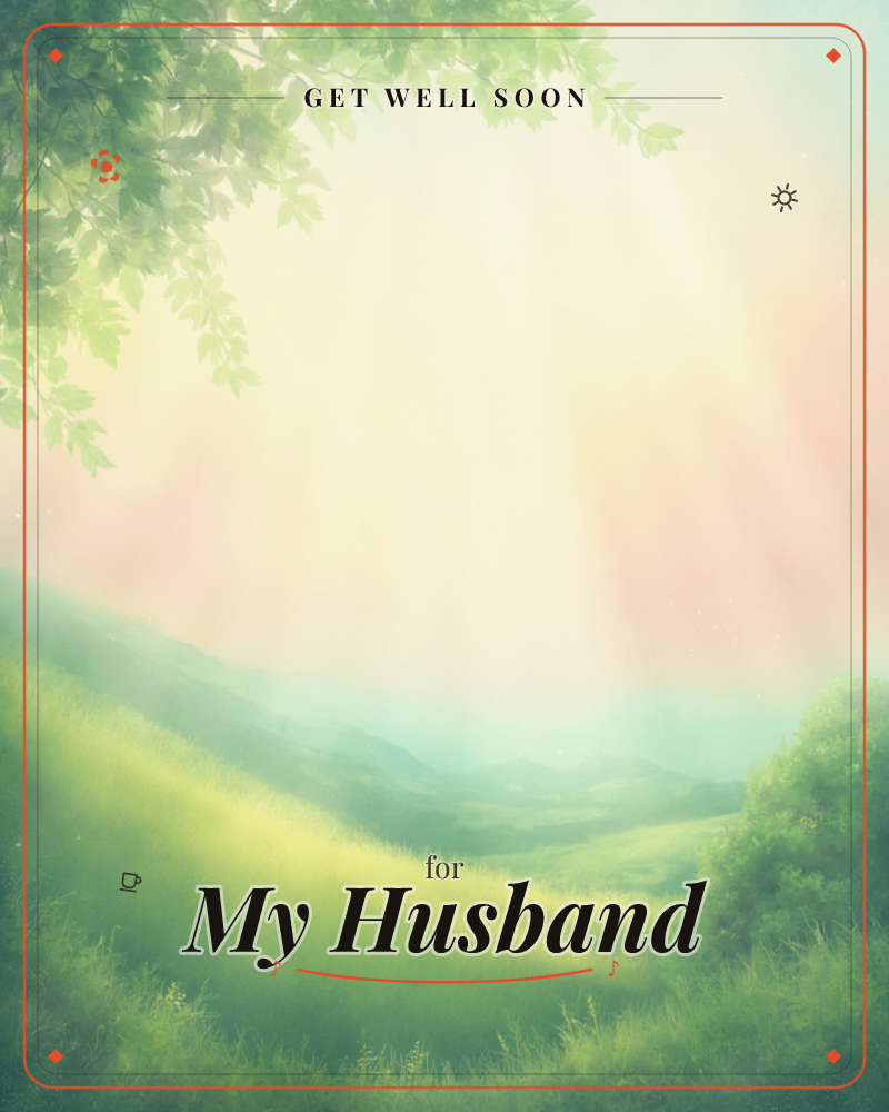 A soft green valley rolls out beneath overhanging leafy branches, with rays of pale golden light breaking through a hazy pink-and-blue sky, a getwell e-card design