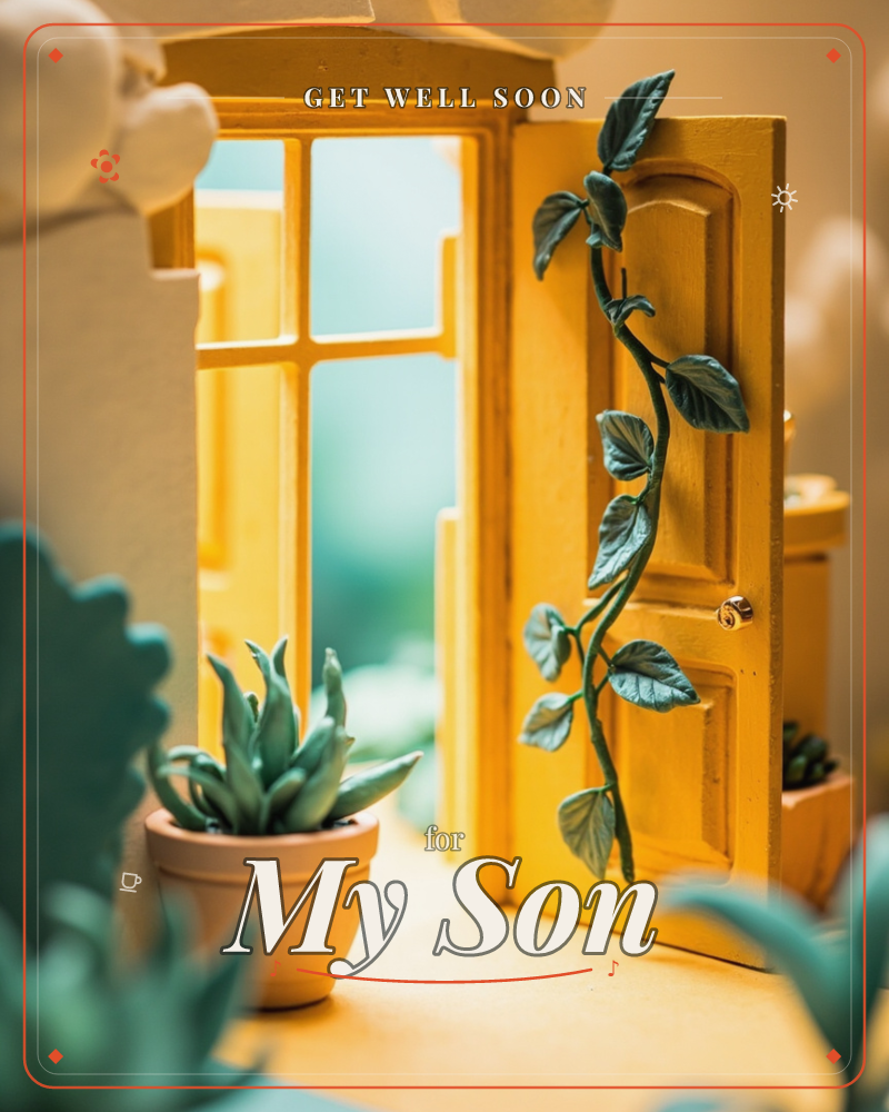 A miniature yellow door stands open on a dollhouse windowsill, a painted vine of green leaves trailing across its panel and a tiny gold doorknob…, a getwell e-card design