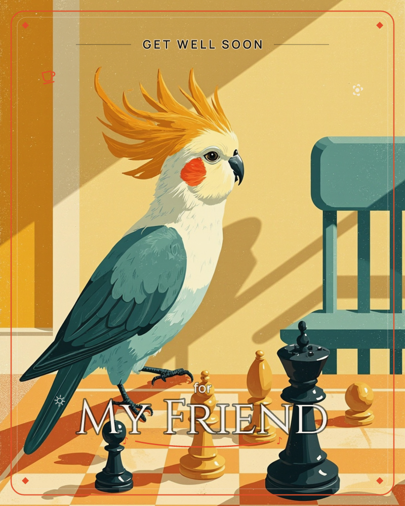 A cockatoo with a golden crest and orange cheek patch stands beside an oversized chess set on a checkered floor, warm afternoon light slanting across a…, a getwell e-card design