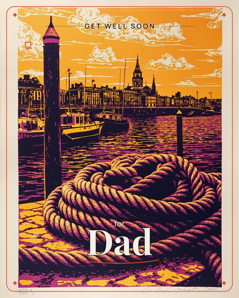 A coiled ship's rope dominates the cobbled quayside in the foreground, while small boats bob on a harbour beyond, backed by a townscape of spires and…, a getwell e-card design