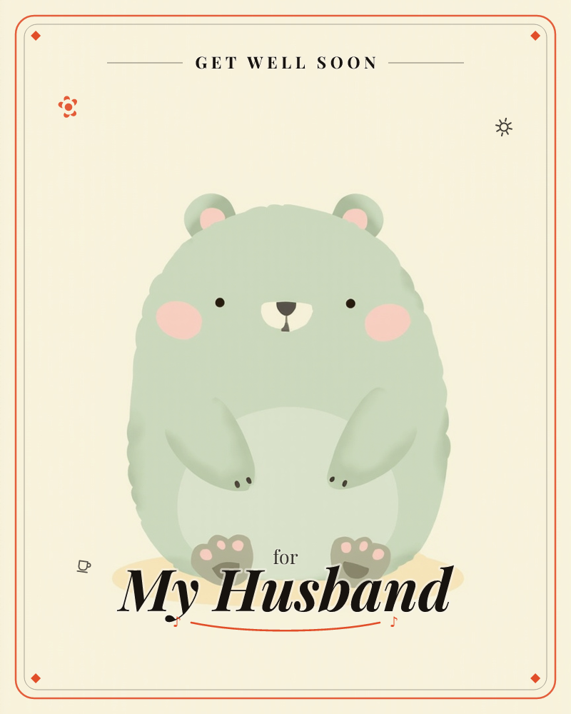 A round, egg-shaped mint-green bear sits front and centre against a soft cream background, its stubby paws resting on its belly and pink cheeks glowing, a getwell e-card design