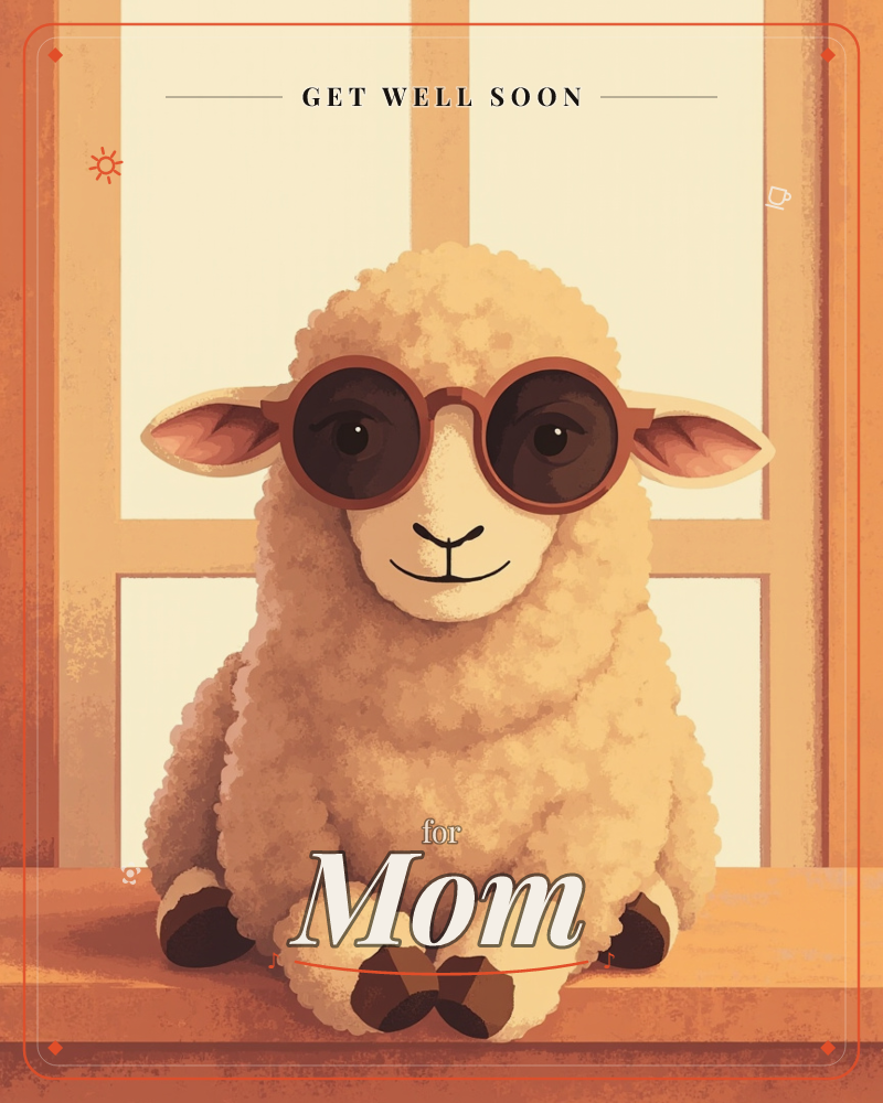 A round, woolly sheep sits on a windowsill wearing oversized rose-tinted sunglasses, its little hooves tucked neatly together and ears poking out sideways, a getwell e-card design
