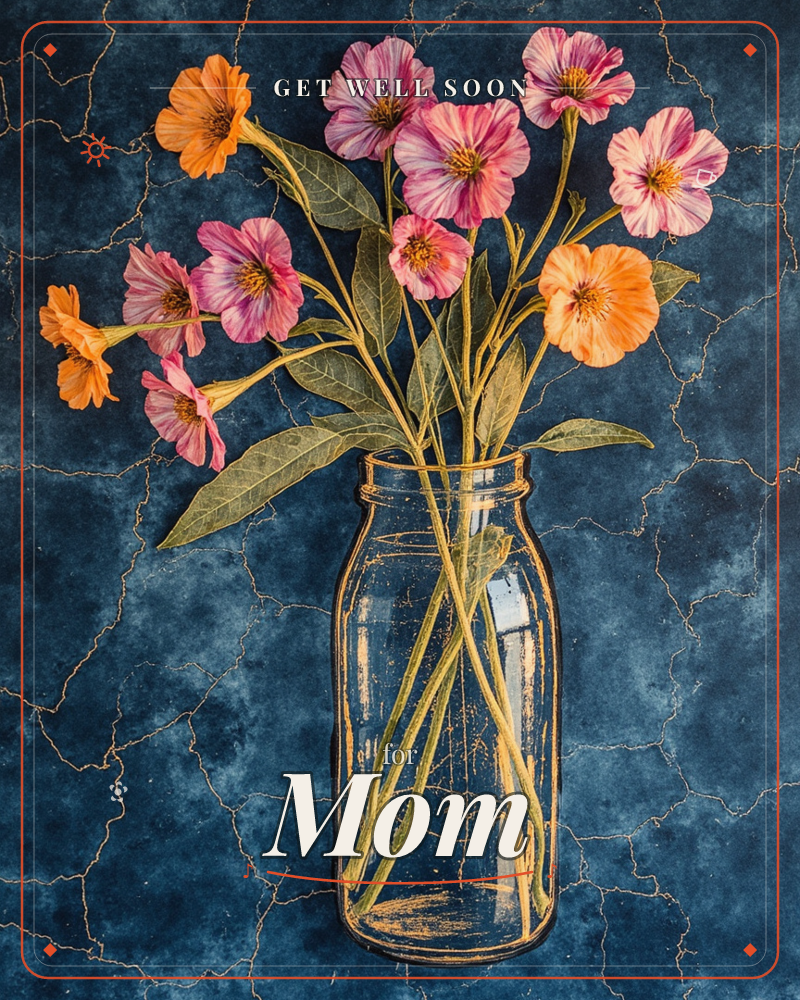 A glass jar holds a loose bunch of pink and orange cosmos flowers, their long stems crossing visibly through the water, a getwell e-card design