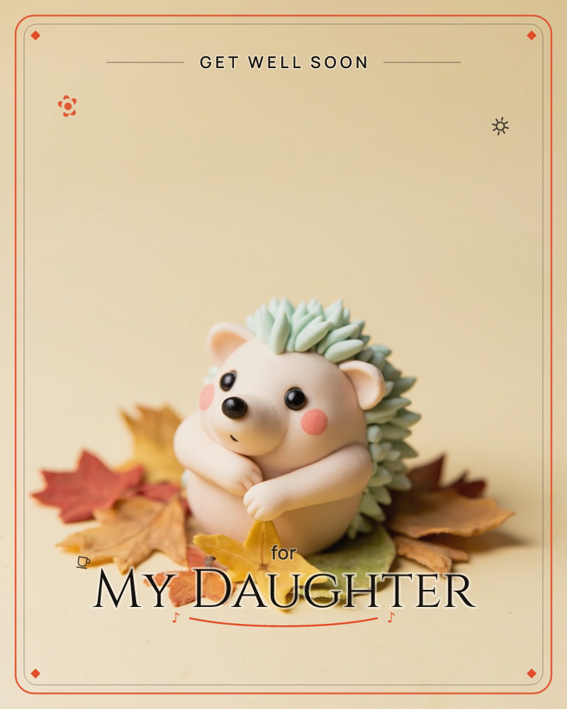 A small clay hedgehog figure with rosy cheeks and sage-green spines sits nestled among a scatter of felt autumn leaves in red, orange and gold, a getwell e-card design