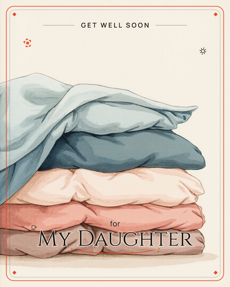 A neatly stacked pile of folded linens rendered in soft coloured pencil, layers of powder blue, slate, cream, coral and mauve fabric draped and creased…, a getwell e-card design